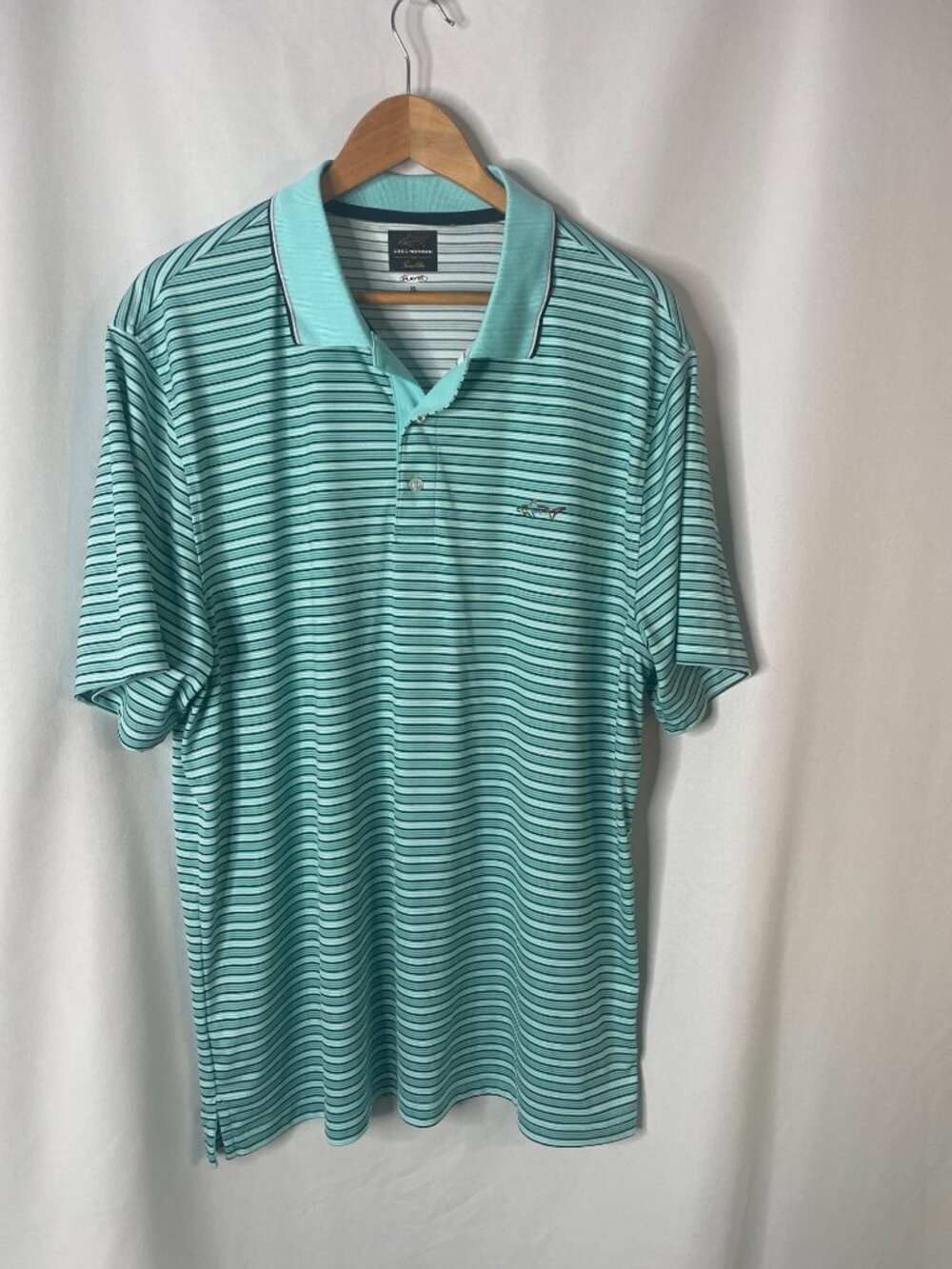 Greg Norman For Tasso Elba Mens XL Aqua Striped Polo Shirt PlayDry 100% Polyeste